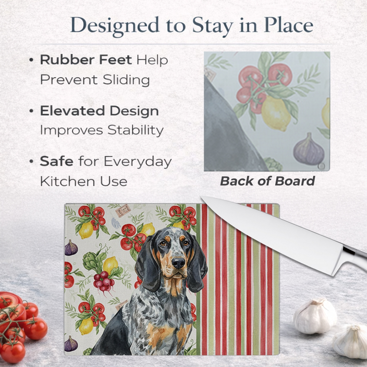 Picture of Carolines Treasures WDK8119LCB 11.25 x 15.25 in. Bluetick Coonhound Vegetables Glass Cutting Board