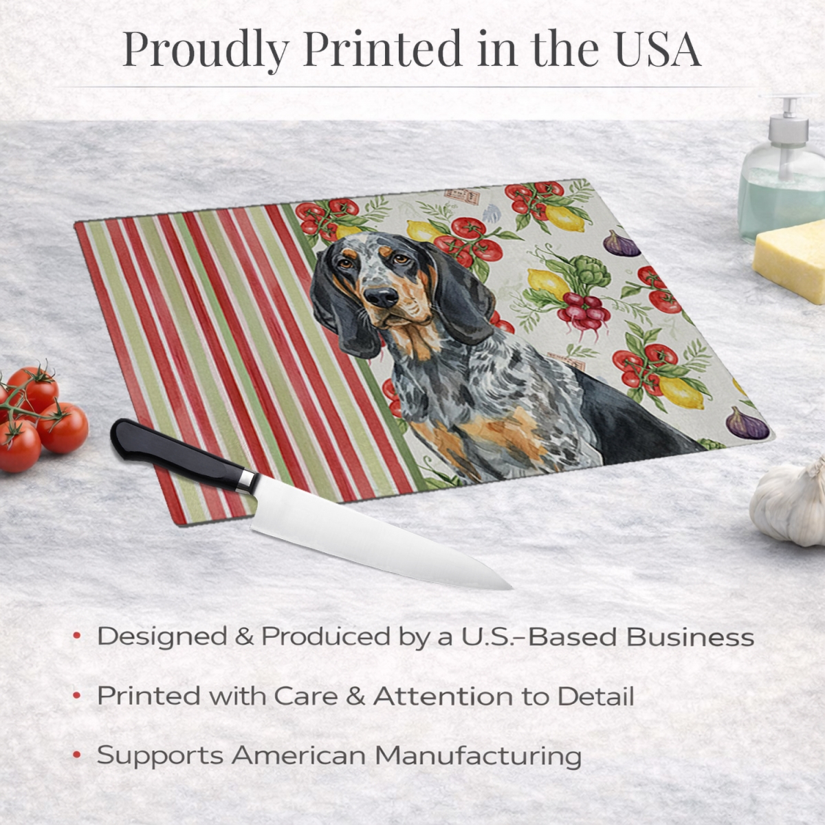 Picture of Carolines Treasures WDK8119LCB 11.25 x 15.25 in. Bluetick Coonhound Vegetables Glass Cutting Board