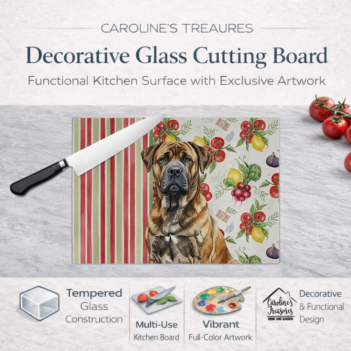 Picture of Carolines Treasures WDK8120LCB 11.25 x 15.25 in. Brindle Boerboel Vegetables Glass Cutting Board