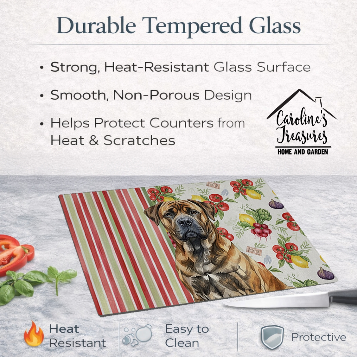 Picture of Carolines Treasures WDK8120LCB 11.25 x 15.25 in. Brindle Boerboel Vegetables Glass Cutting Board