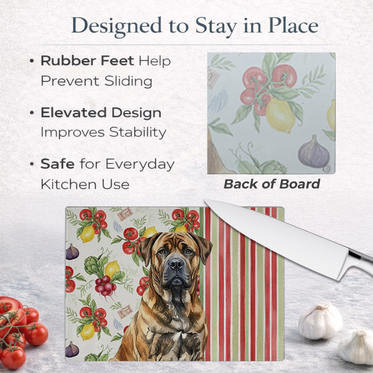 Picture of Carolines Treasures WDK8120LCB 11.25 x 15.25 in. Brindle Boerboel Vegetables Glass Cutting Board