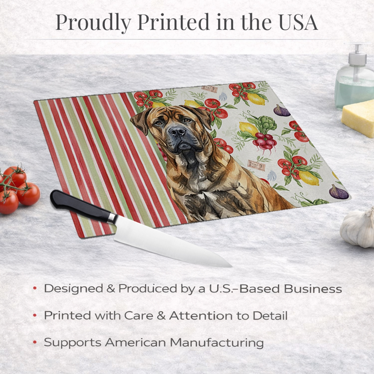 Picture of Carolines Treasures WDK8120LCB 11.25 x 15.25 in. Brindle Boerboel Vegetables Glass Cutting Board