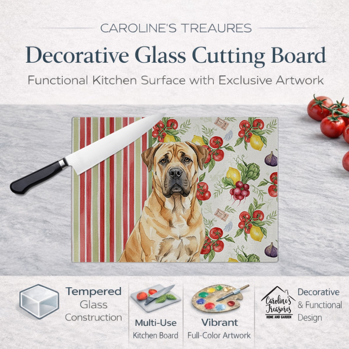 Picture of Carolines Treasures WDK8121LCB 11.25 x 15.25 in. Fawn Boerboel Vegetables Glass Cutting Board