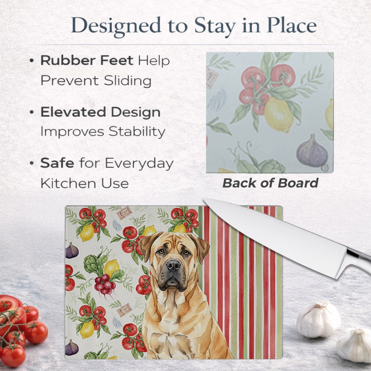 Picture of Carolines Treasures WDK8121LCB 11.25 x 15.25 in. Fawn Boerboel Vegetables Glass Cutting Board
