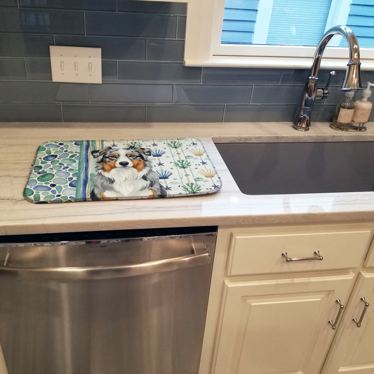 Picture of Carolines Treasures WDK6890DDM 21 x 14 in. Blue Merle Australian Shepherd Coastal Sea Glass Dish Drying Mat
