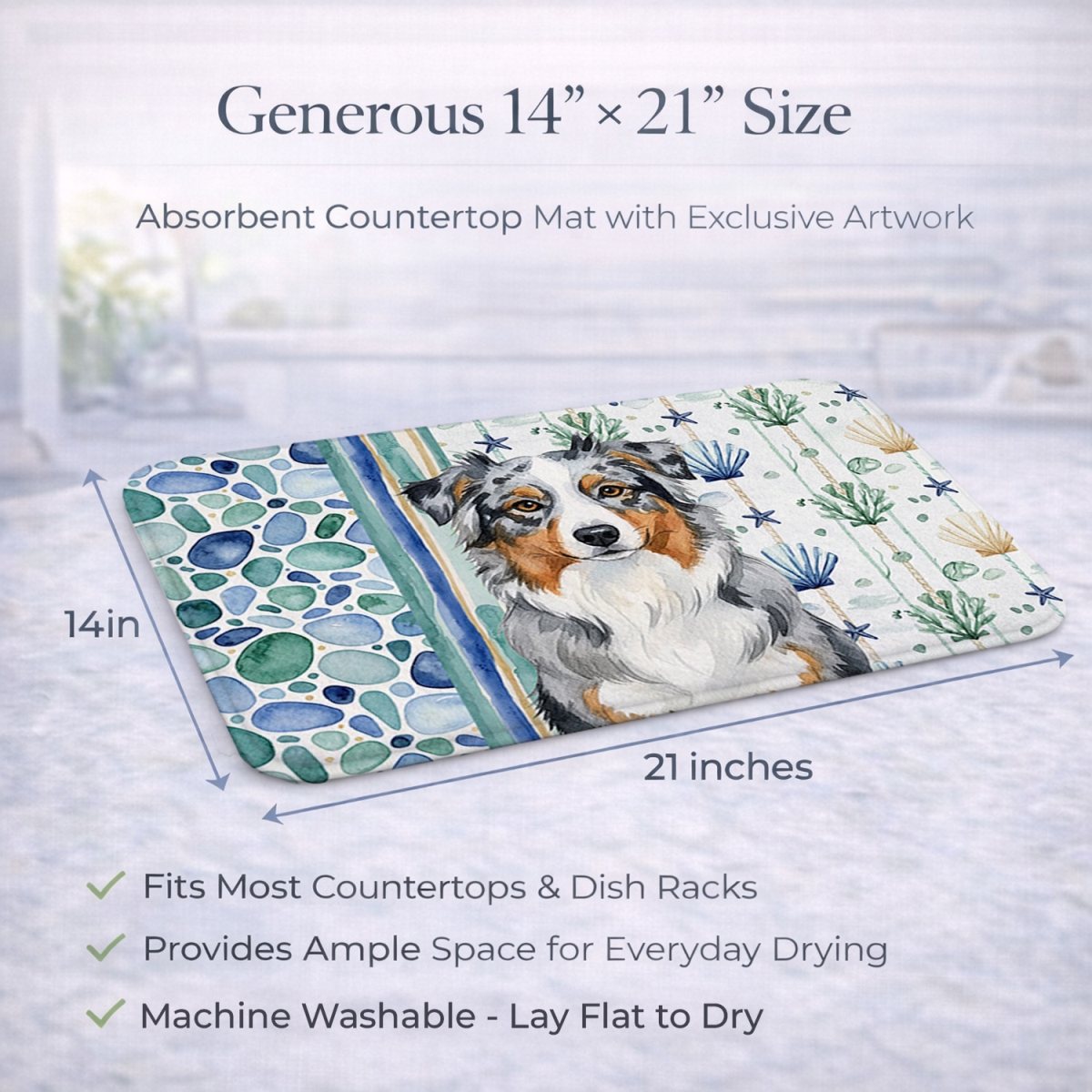 Picture of Carolines Treasures WDK6890DDM 21 x 14 in. Blue Merle Australian Shepherd Coastal Sea Glass Dish Drying Mat