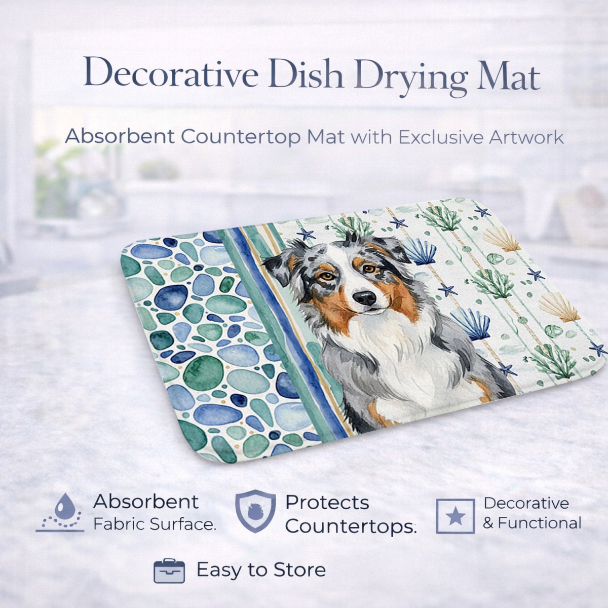 Picture of Carolines Treasures WDK6890DDM 21 x 14 in. Blue Merle Australian Shepherd Coastal Sea Glass Dish Drying Mat