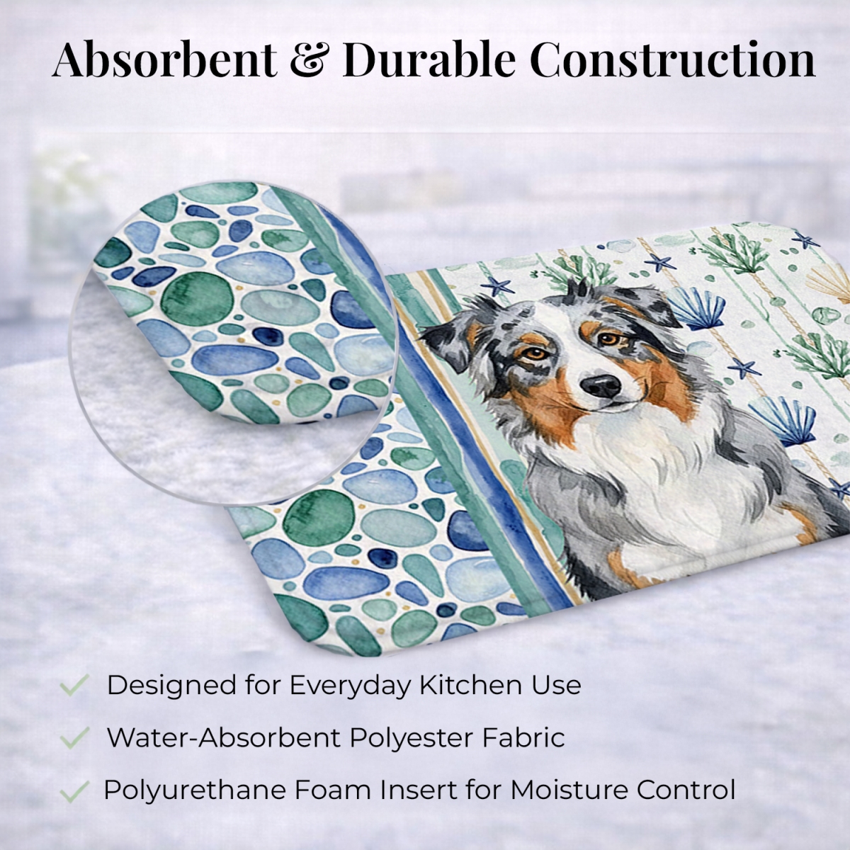 Picture of Carolines Treasures WDK6890DDM 21 x 14 in. Blue Merle Australian Shepherd Coastal Sea Glass Dish Drying Mat