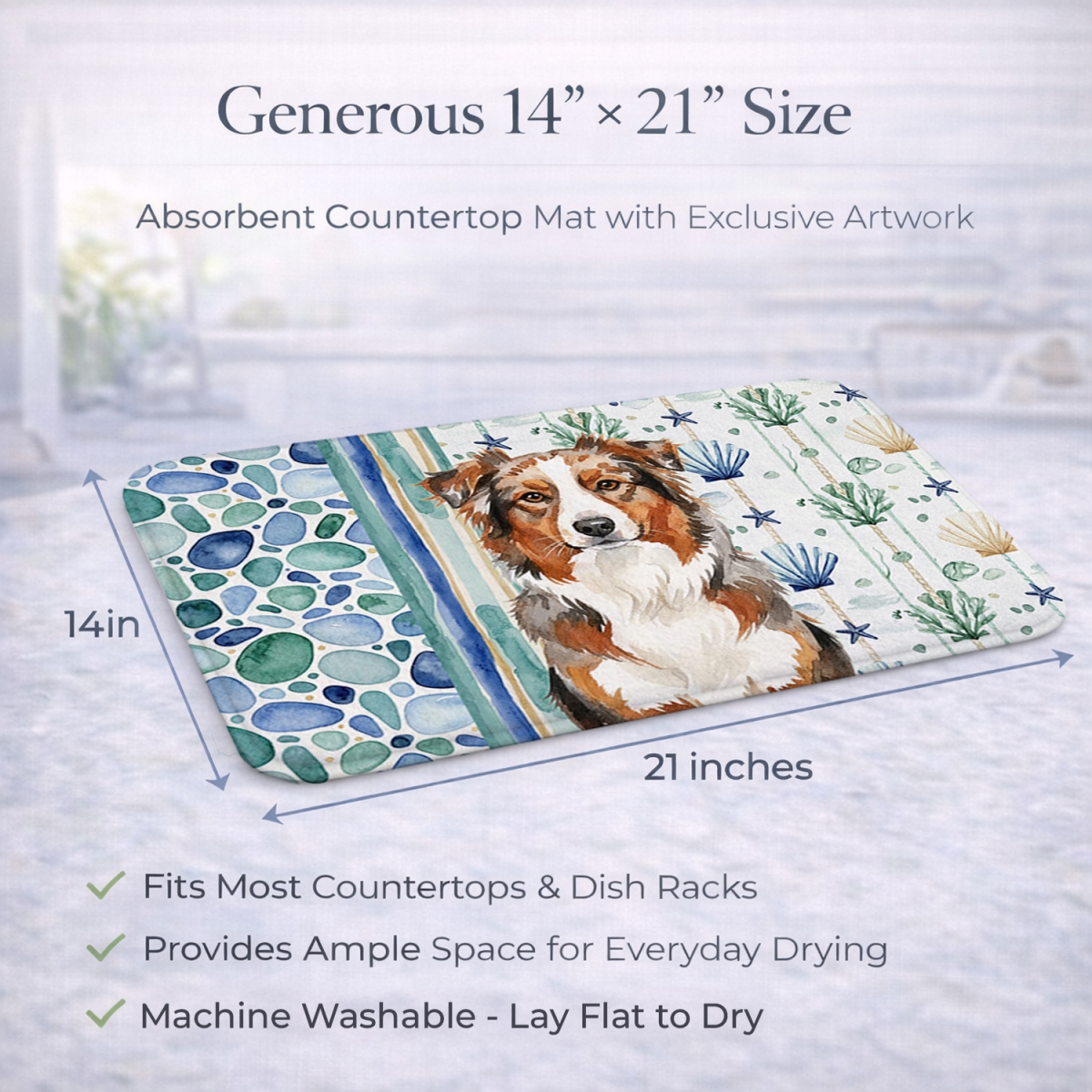 Picture of Carolines Treasures WDK6891DDM 21 x 14 in. Red Merle Australian Shepherd Coastal Sea Glass Dish Drying Mat