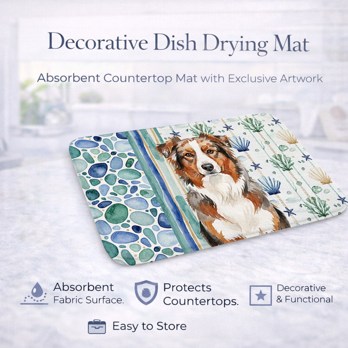 Picture of Carolines Treasures WDK6891DDM 21 x 14 in. Red Merle Australian Shepherd Coastal Sea Glass Dish Drying Mat