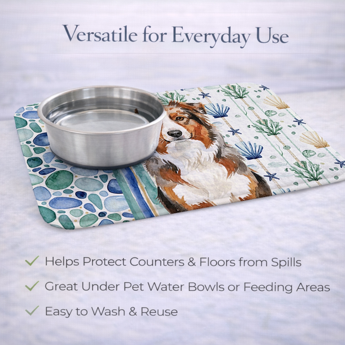 Picture of Carolines Treasures WDK6891DDM 21 x 14 in. Red Merle Australian Shepherd Coastal Sea Glass Dish Drying Mat