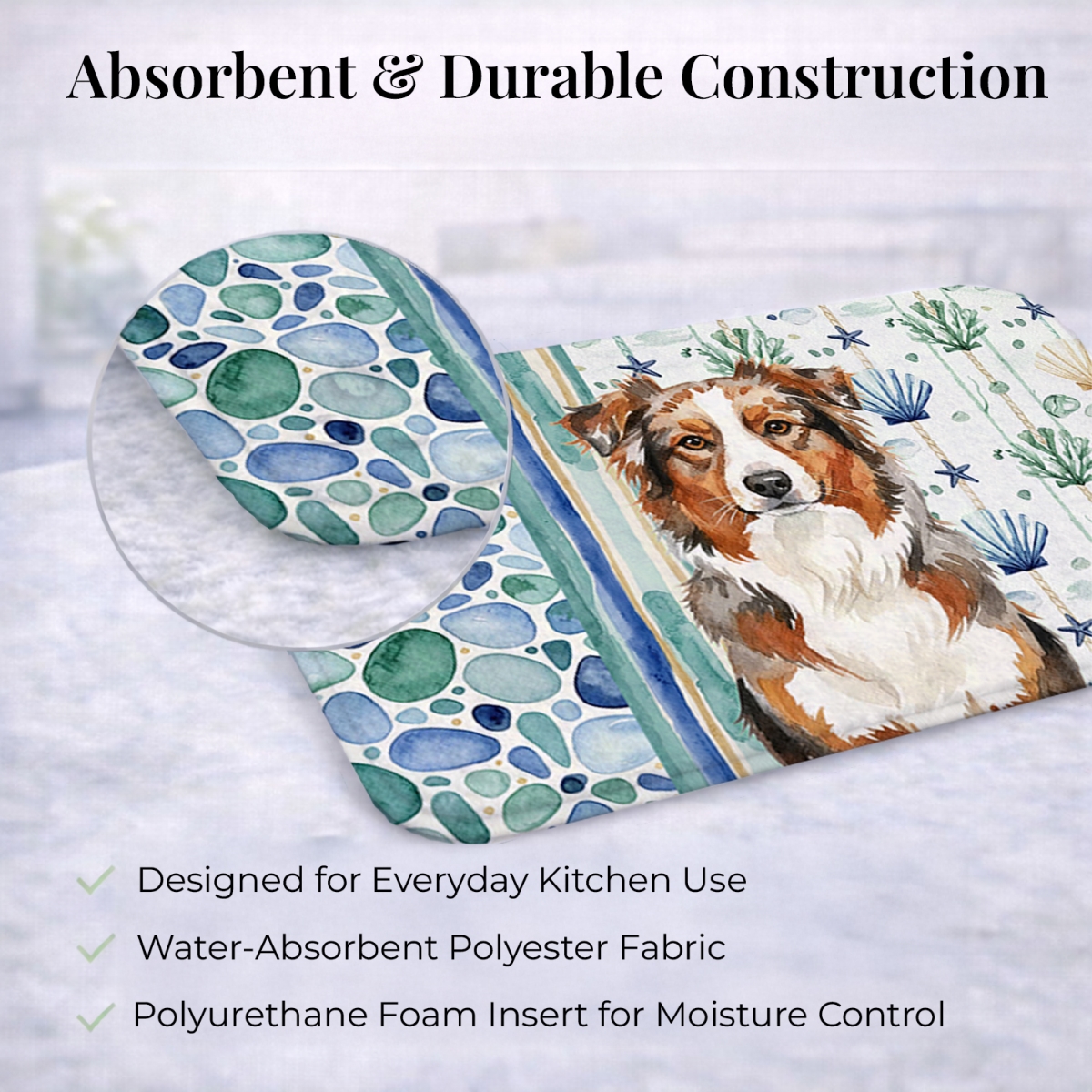 Picture of Carolines Treasures WDK6891DDM 21 x 14 in. Red Merle Australian Shepherd Coastal Sea Glass Dish Drying Mat