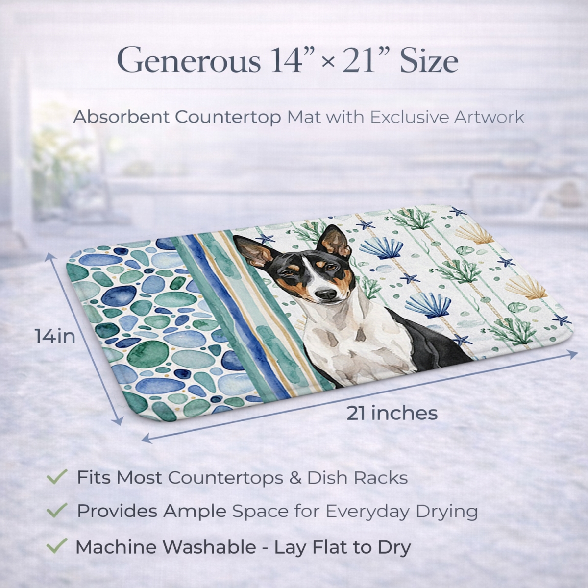 Picture of Carolines Treasures WDK6892DDM 21 x 14 in. Black & White Basenji Coastal Sea Glass Dish Drying Mat