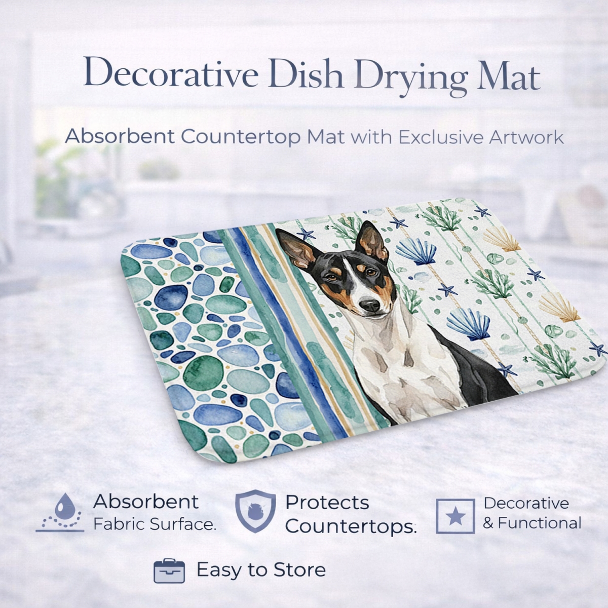 Picture of Carolines Treasures WDK6892DDM 21 x 14 in. Black & White Basenji Coastal Sea Glass Dish Drying Mat