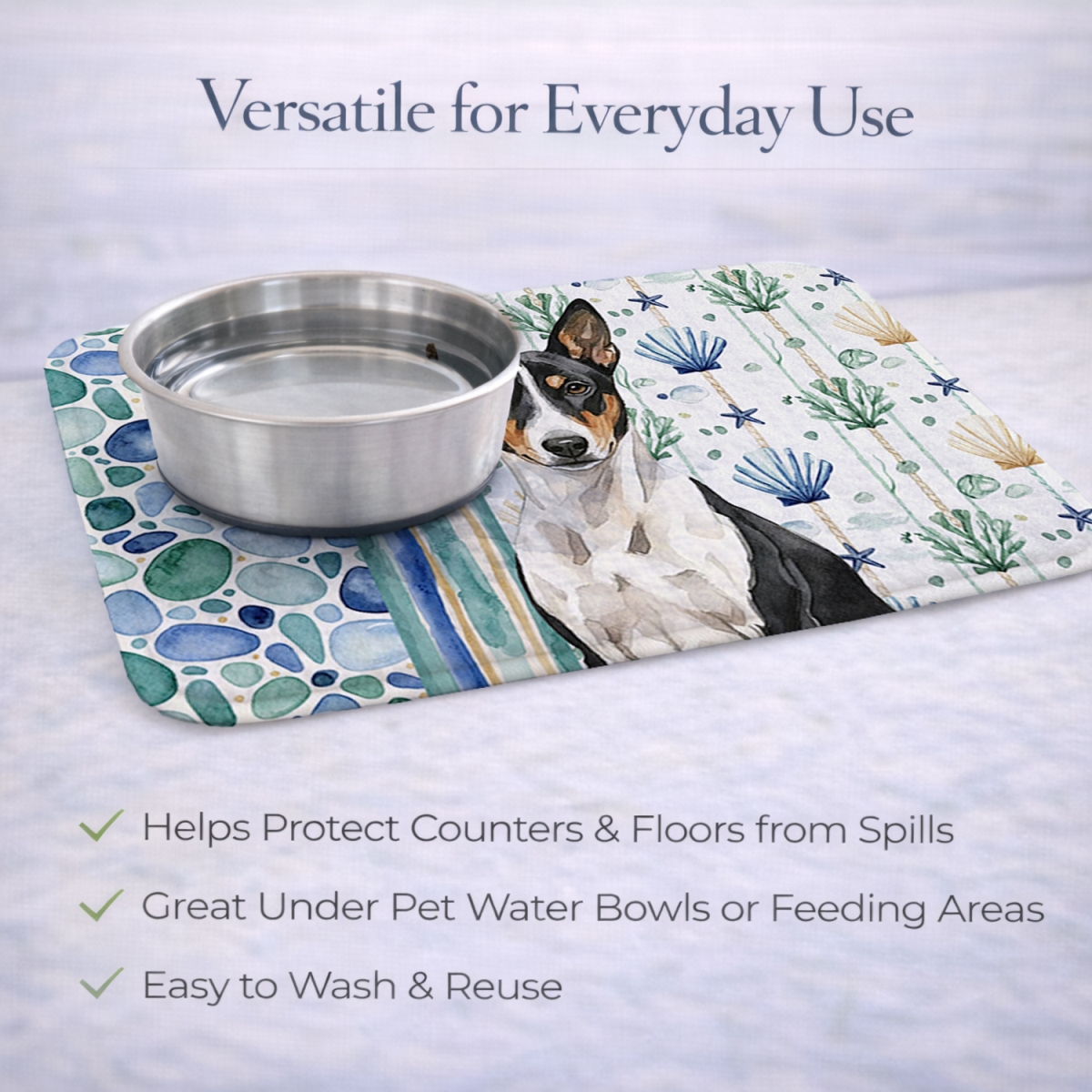 Picture of Carolines Treasures WDK6892DDM 21 x 14 in. Black & White Basenji Coastal Sea Glass Dish Drying Mat
