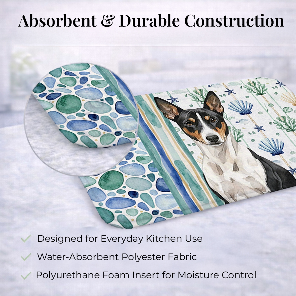 Picture of Carolines Treasures WDK6892DDM 21 x 14 in. Black & White Basenji Coastal Sea Glass Dish Drying Mat
