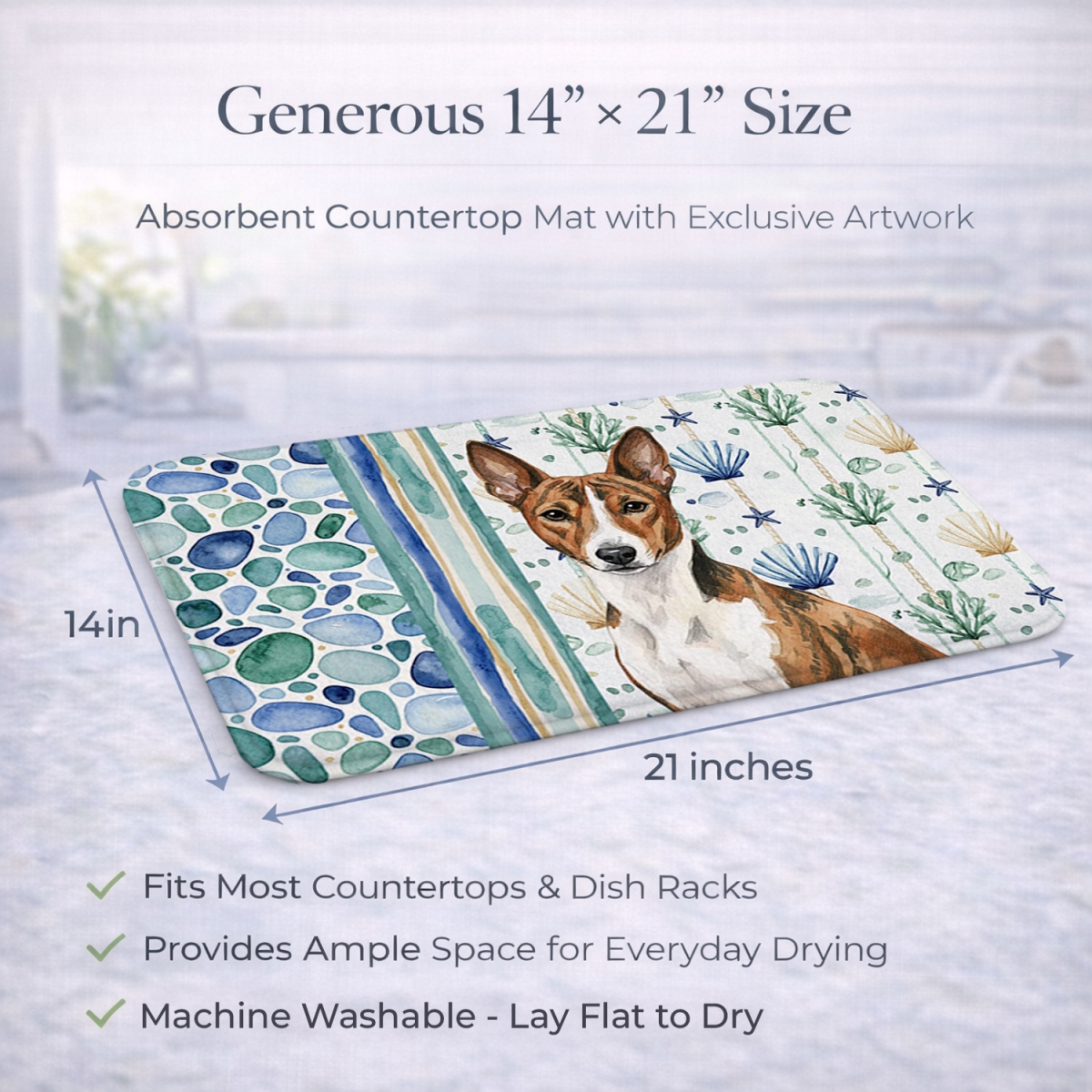 Picture of Carolines Treasures WDK6893DDM 21 x 14 in. Brindle & White Basenji Coastal Sea Glass Dish Drying Mat