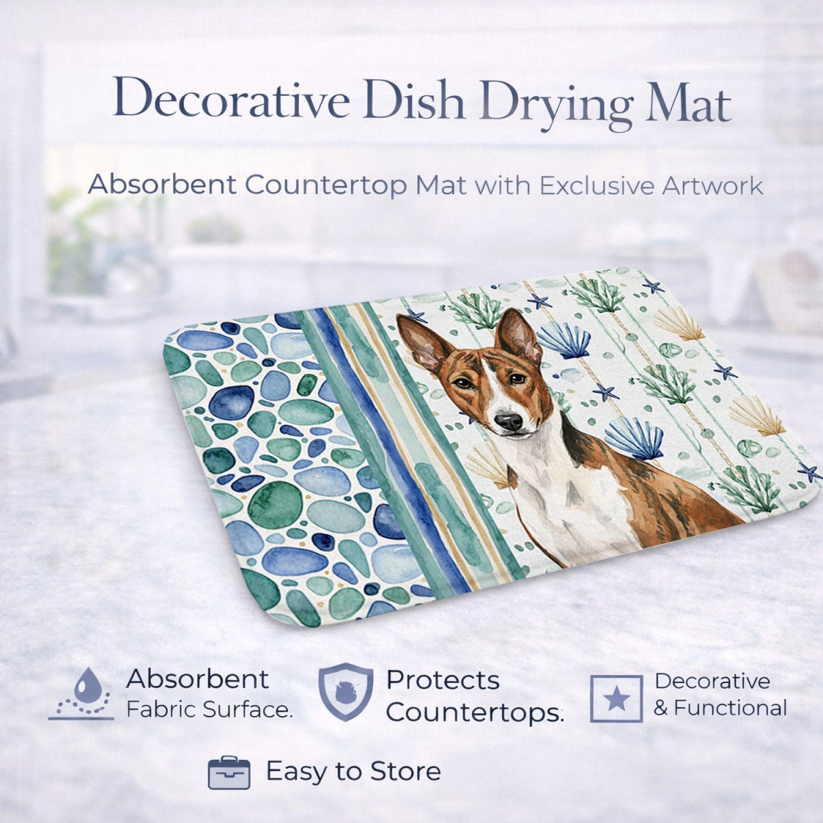Picture of Carolines Treasures WDK6893DDM 21 x 14 in. Brindle & White Basenji Coastal Sea Glass Dish Drying Mat