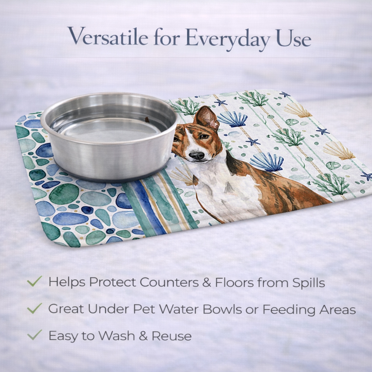 Picture of Carolines Treasures WDK6893DDM 21 x 14 in. Brindle & White Basenji Coastal Sea Glass Dish Drying Mat