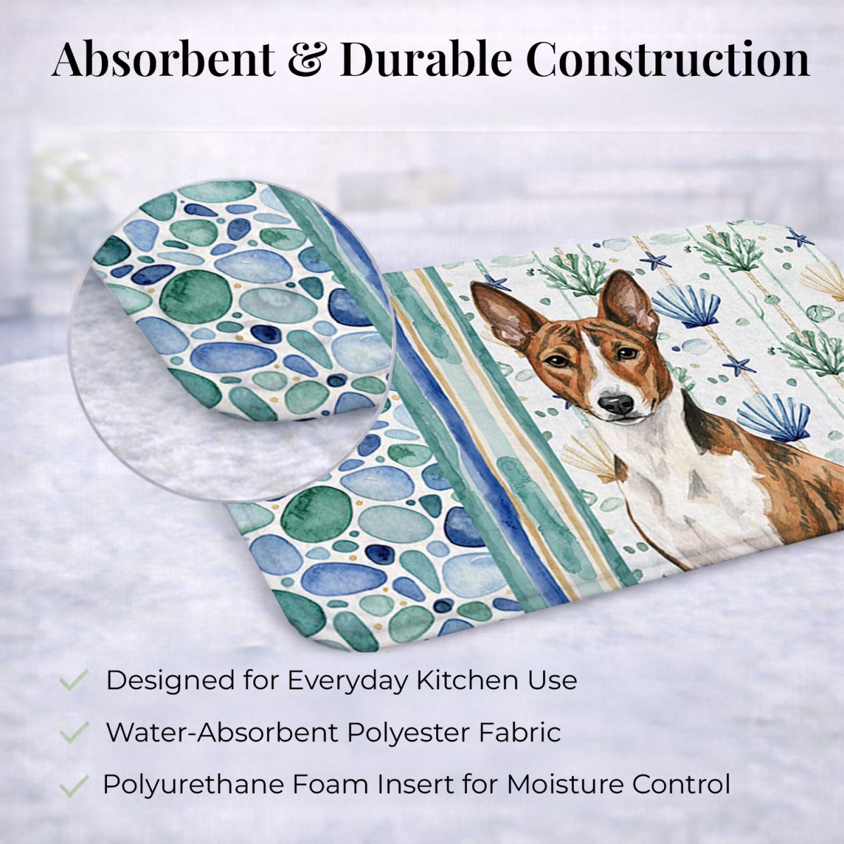 Picture of Carolines Treasures WDK6893DDM 21 x 14 in. Brindle & White Basenji Coastal Sea Glass Dish Drying Mat