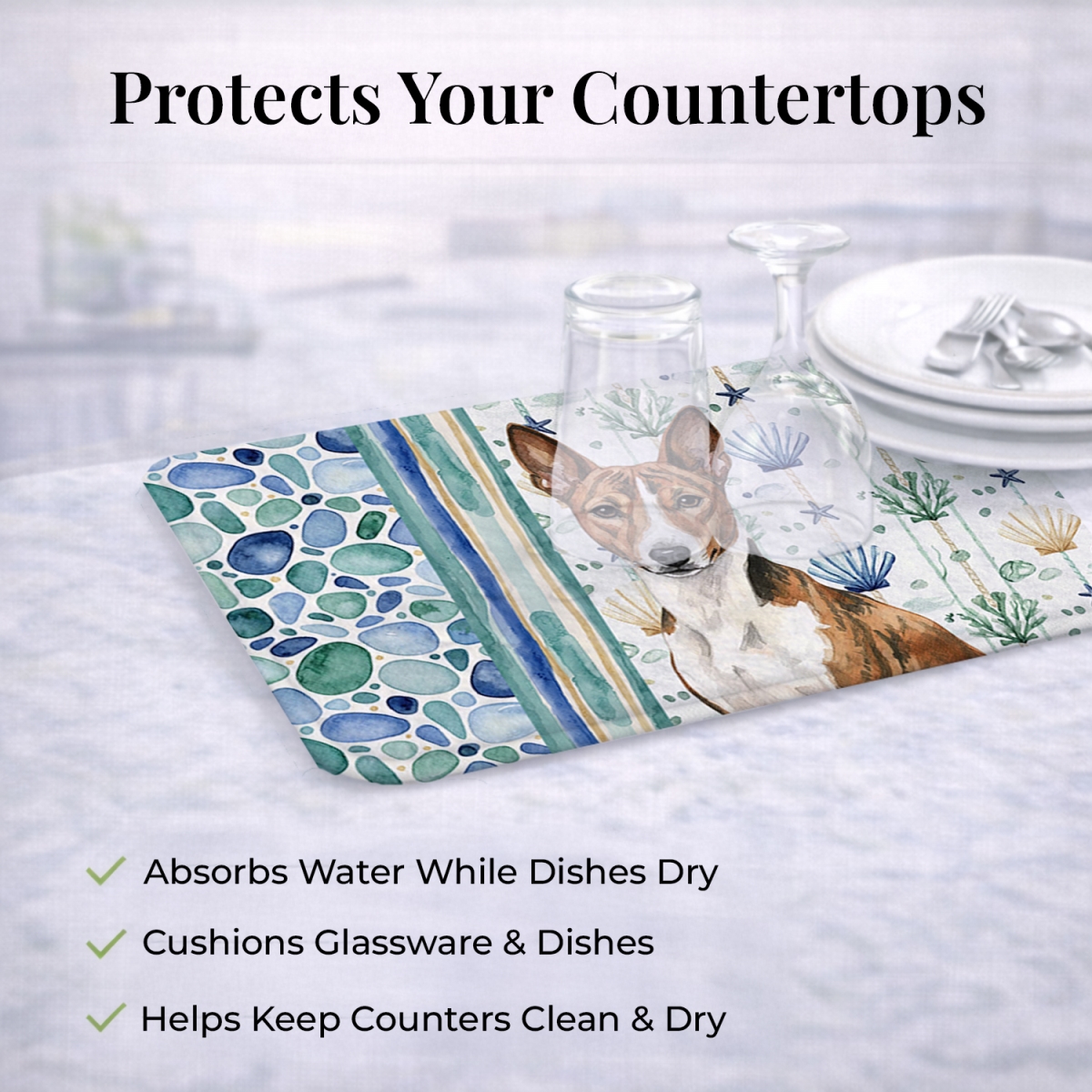Picture of Carolines Treasures WDK6893DDM 21 x 14 in. Brindle & White Basenji Coastal Sea Glass Dish Drying Mat