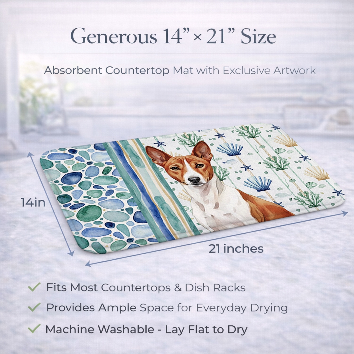 Picture of Carolines Treasures WDK6894DDM 21 x 14 in. Red & White Basenji Coastal Sea Glass Dish Drying Mat
