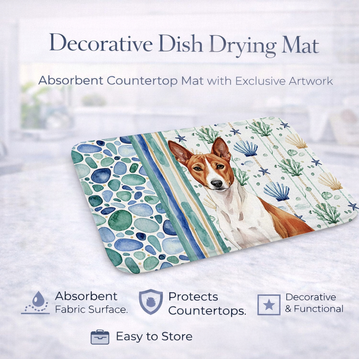 Picture of Carolines Treasures WDK6894DDM 21 x 14 in. Red & White Basenji Coastal Sea Glass Dish Drying Mat