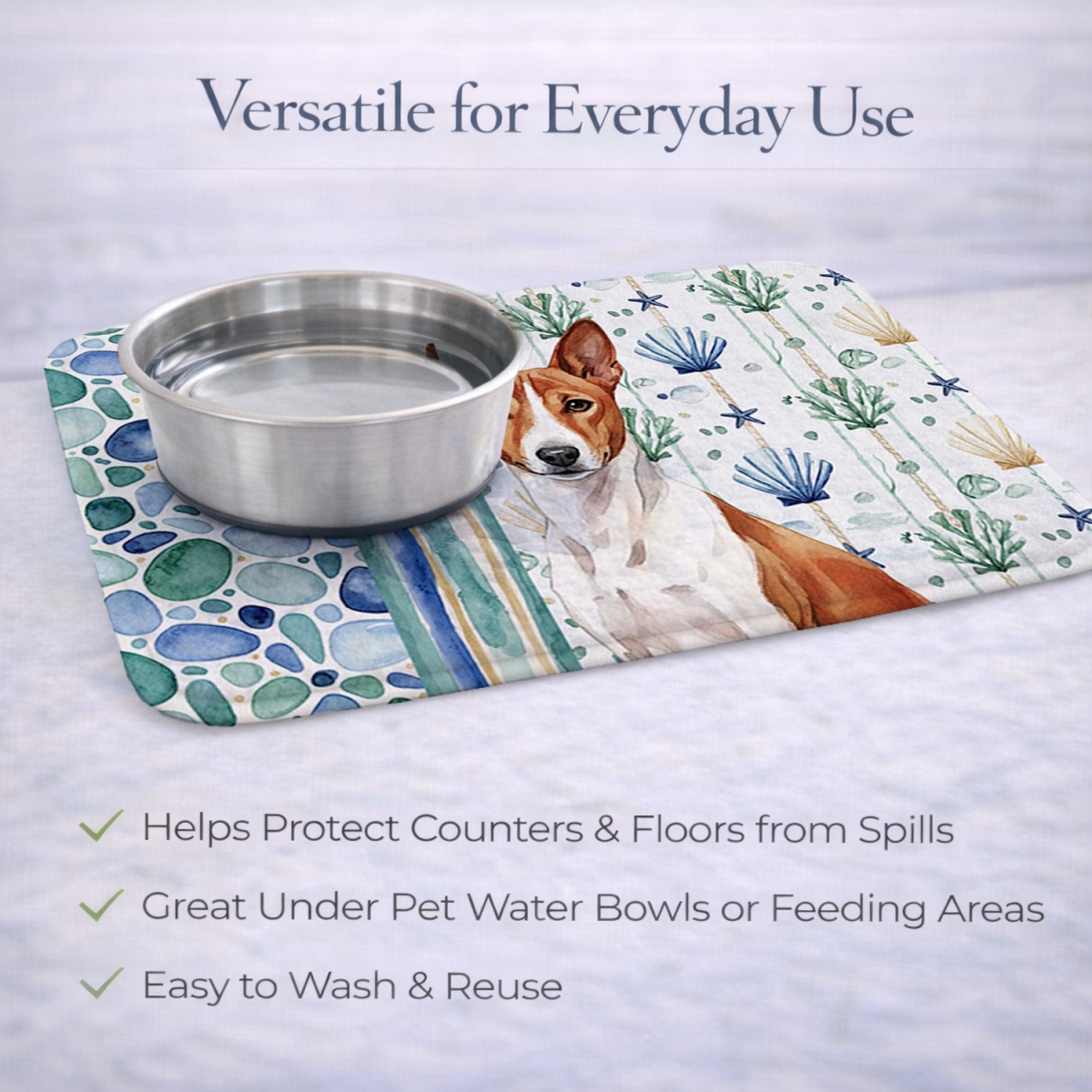 Picture of Carolines Treasures WDK6894DDM 21 x 14 in. Red & White Basenji Coastal Sea Glass Dish Drying Mat