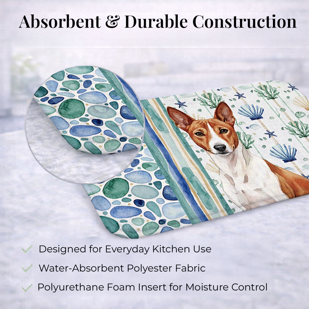Picture of Carolines Treasures WDK6894DDM 21 x 14 in. Red & White Basenji Coastal Sea Glass Dish Drying Mat