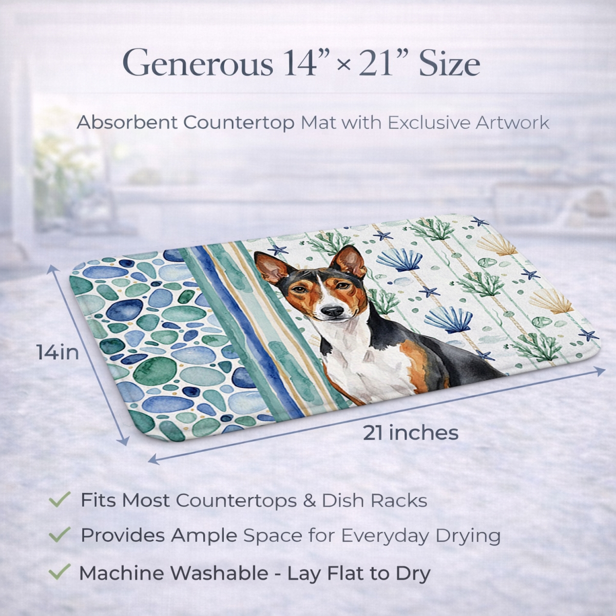 Picture of Carolines Treasures WDK6895DDM 21 x 14 in. Tricolor & White Basenji Coastal Sea Glass Dish Drying Mat