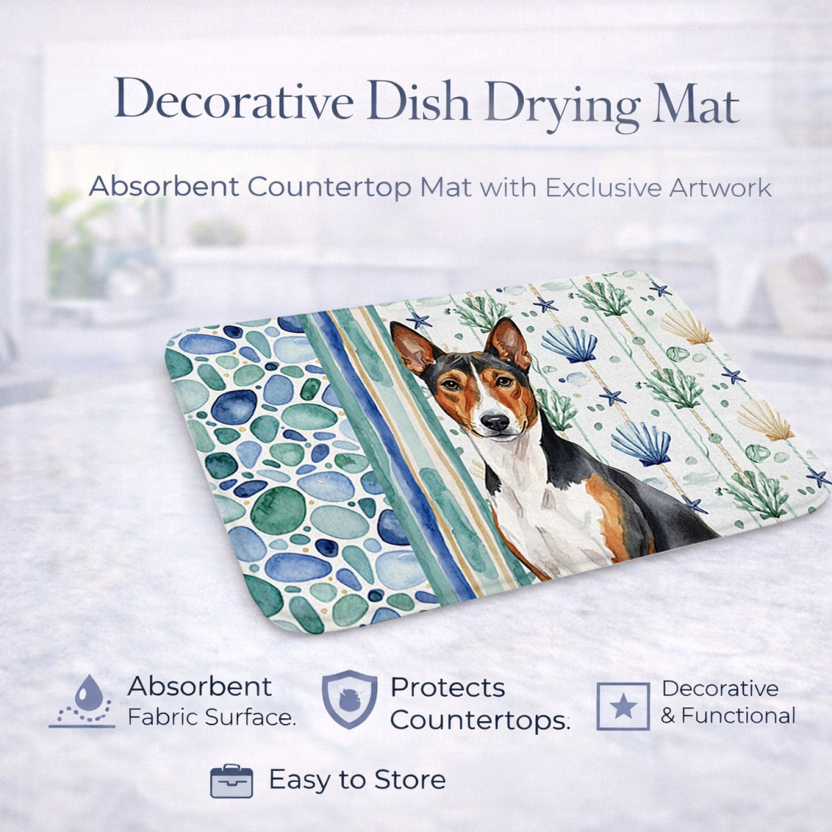 Picture of Carolines Treasures WDK6895DDM 21 x 14 in. Tricolor & White Basenji Coastal Sea Glass Dish Drying Mat