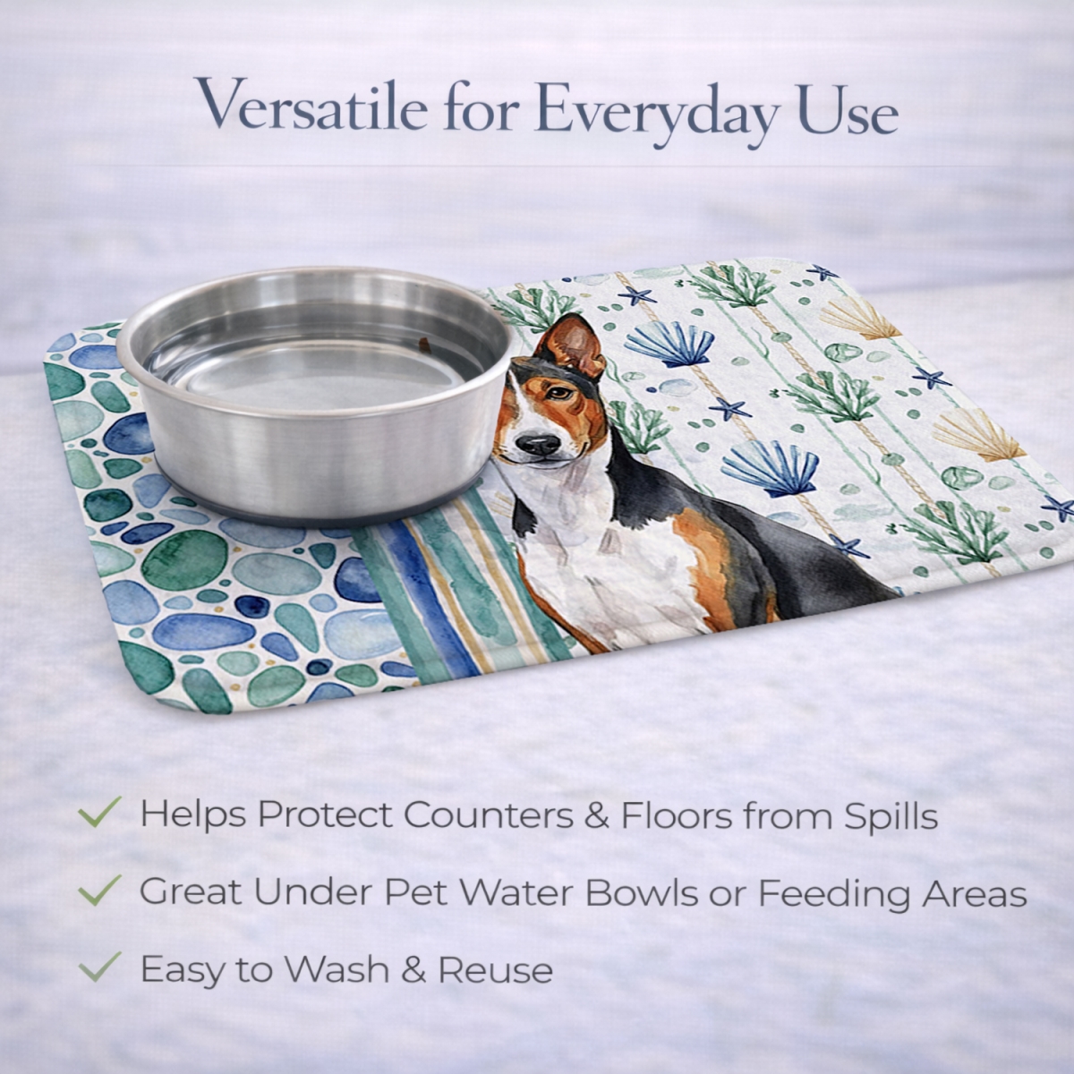 Picture of Carolines Treasures WDK6895DDM 21 x 14 in. Tricolor & White Basenji Coastal Sea Glass Dish Drying Mat