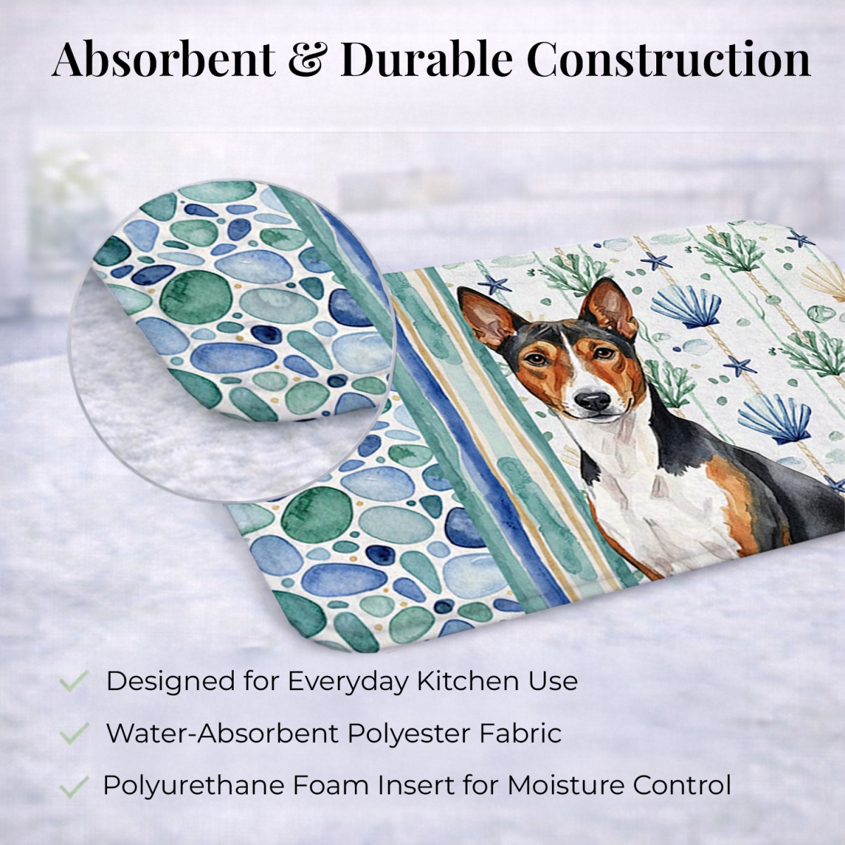 Picture of Carolines Treasures WDK6895DDM 21 x 14 in. Tricolor & White Basenji Coastal Sea Glass Dish Drying Mat