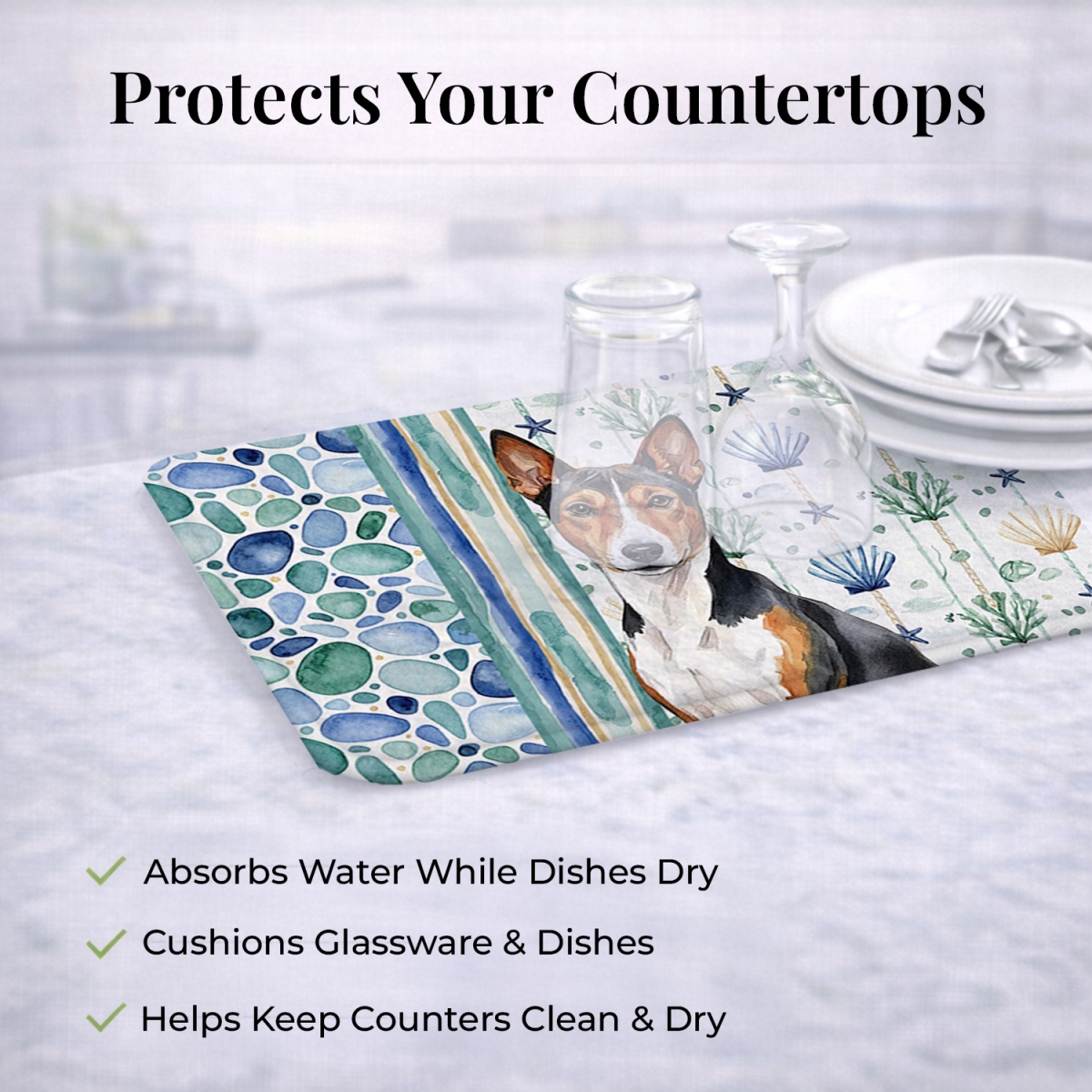 Picture of Carolines Treasures WDK6895DDM 21 x 14 in. Tricolor & White Basenji Coastal Sea Glass Dish Drying Mat