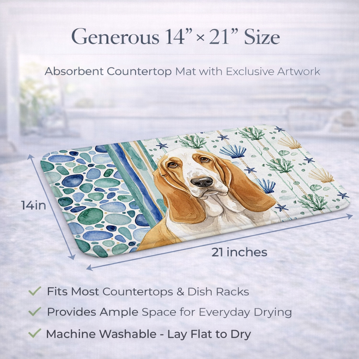 Picture of Carolines Treasures WDK6896DDM 21 x 14 in. Lemon & White Basset Hound Coastal Sea Glass Dish Drying Mat