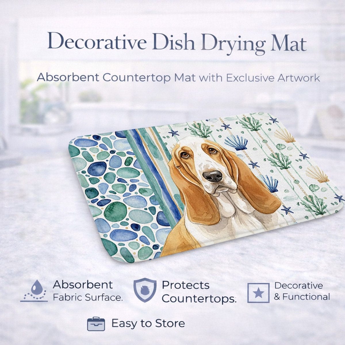 Picture of Carolines Treasures WDK6896DDM 21 x 14 in. Lemon & White Basset Hound Coastal Sea Glass Dish Drying Mat