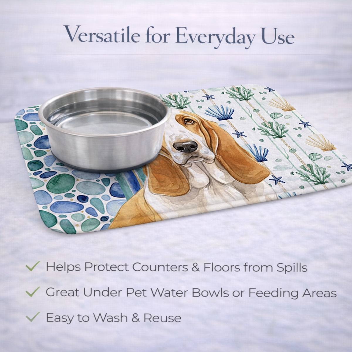 Picture of Carolines Treasures WDK6896DDM 21 x 14 in. Lemon & White Basset Hound Coastal Sea Glass Dish Drying Mat