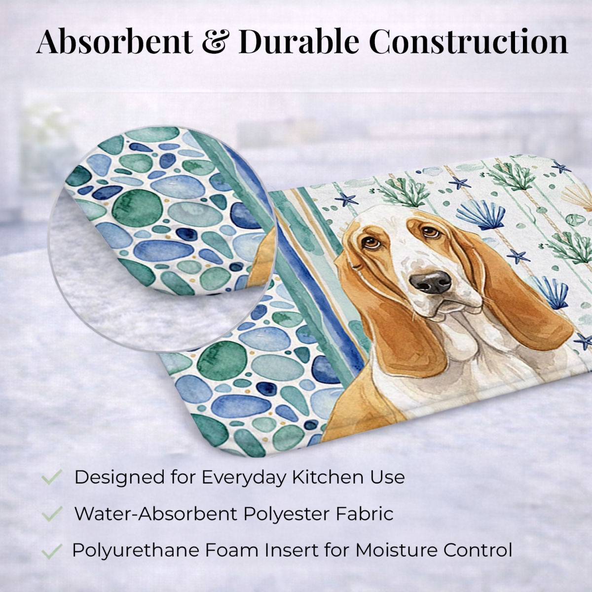 Picture of Carolines Treasures WDK6896DDM 21 x 14 in. Lemon & White Basset Hound Coastal Sea Glass Dish Drying Mat