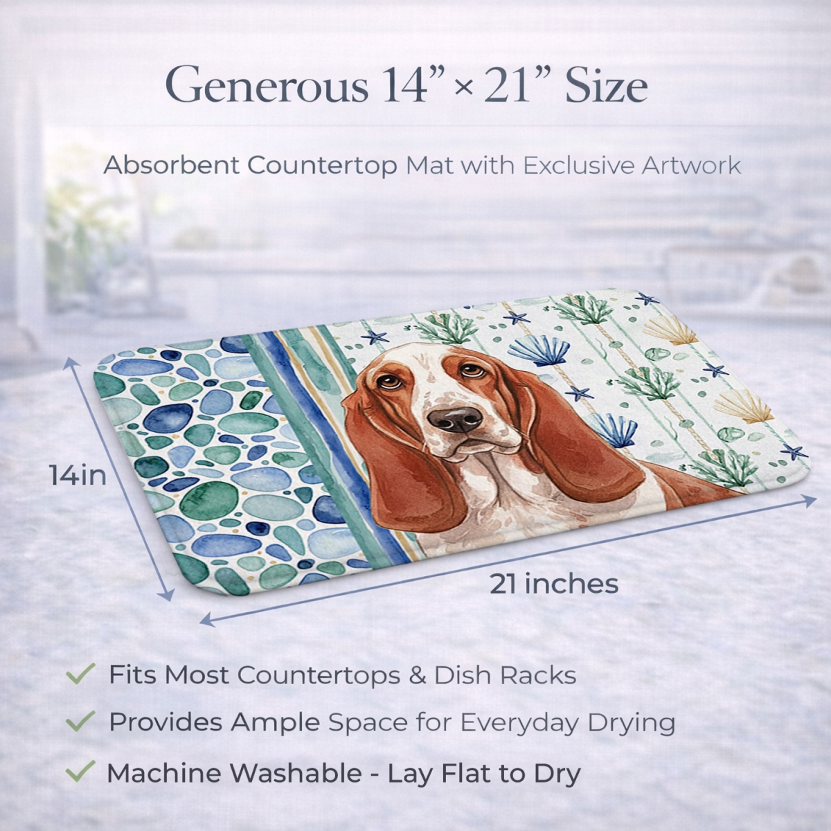 Picture of Carolines Treasures WDK6897DDM 21 x 14 in. Red & White Basset Hound Coastal Sea Glass Dish Drying Mat