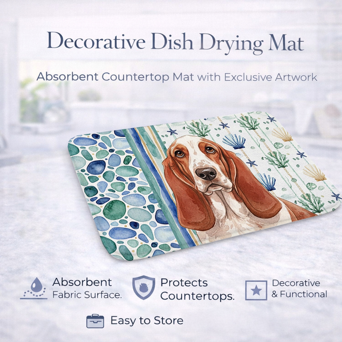 Picture of Carolines Treasures WDK6897DDM 21 x 14 in. Red & White Basset Hound Coastal Sea Glass Dish Drying Mat