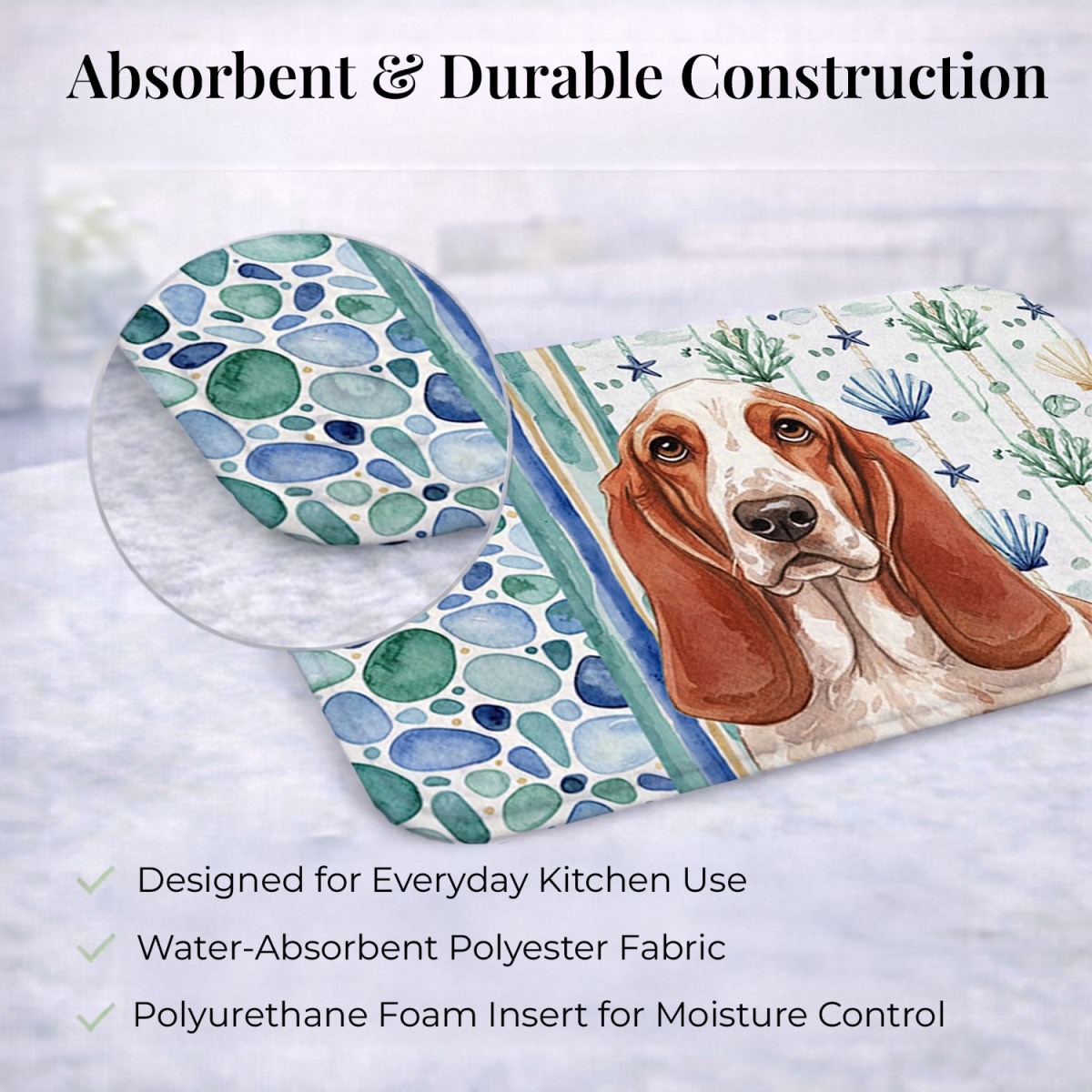 Picture of Carolines Treasures WDK6897DDM 21 x 14 in. Red & White Basset Hound Coastal Sea Glass Dish Drying Mat