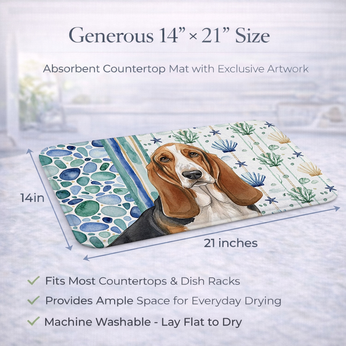Picture of Carolines Treasures WDK6898DDM 21 x 14 in. Tricolor & White Basset Hound Coastal Sea Glass Dish Drying Mat