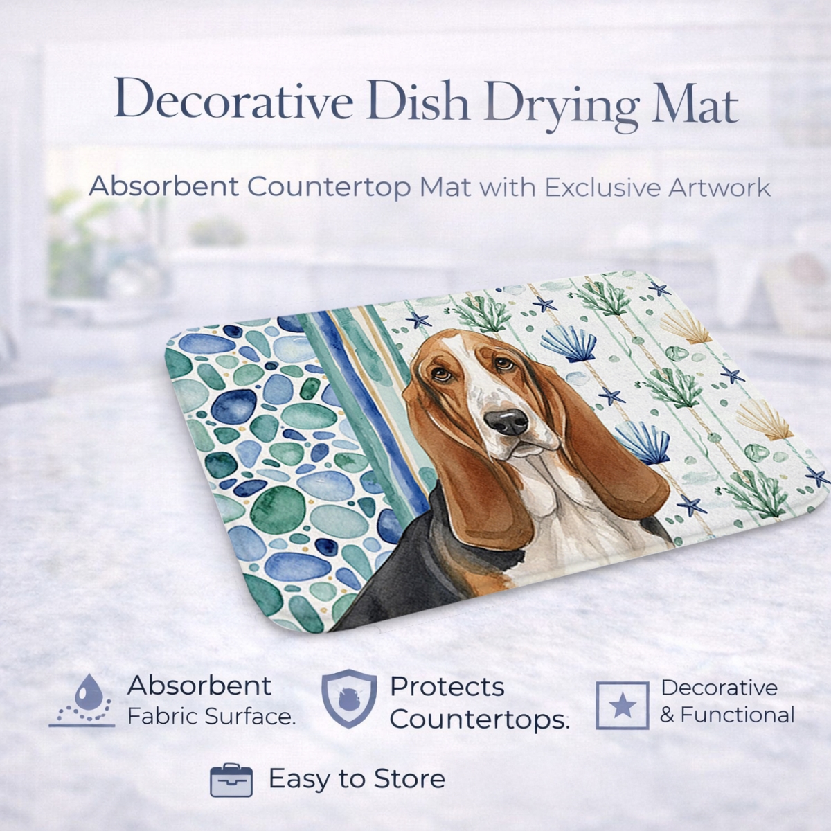 Picture of Carolines Treasures WDK6898DDM 21 x 14 in. Tricolor & White Basset Hound Coastal Sea Glass Dish Drying Mat