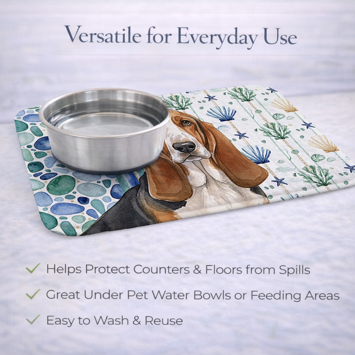 Picture of Carolines Treasures WDK6898DDM 21 x 14 in. Tricolor & White Basset Hound Coastal Sea Glass Dish Drying Mat