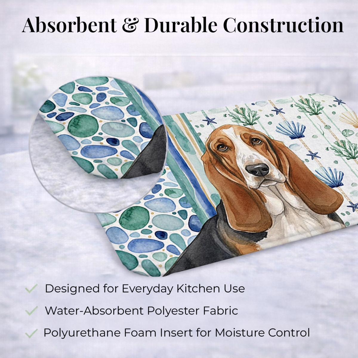 Picture of Carolines Treasures WDK6898DDM 21 x 14 in. Tricolor & White Basset Hound Coastal Sea Glass Dish Drying Mat