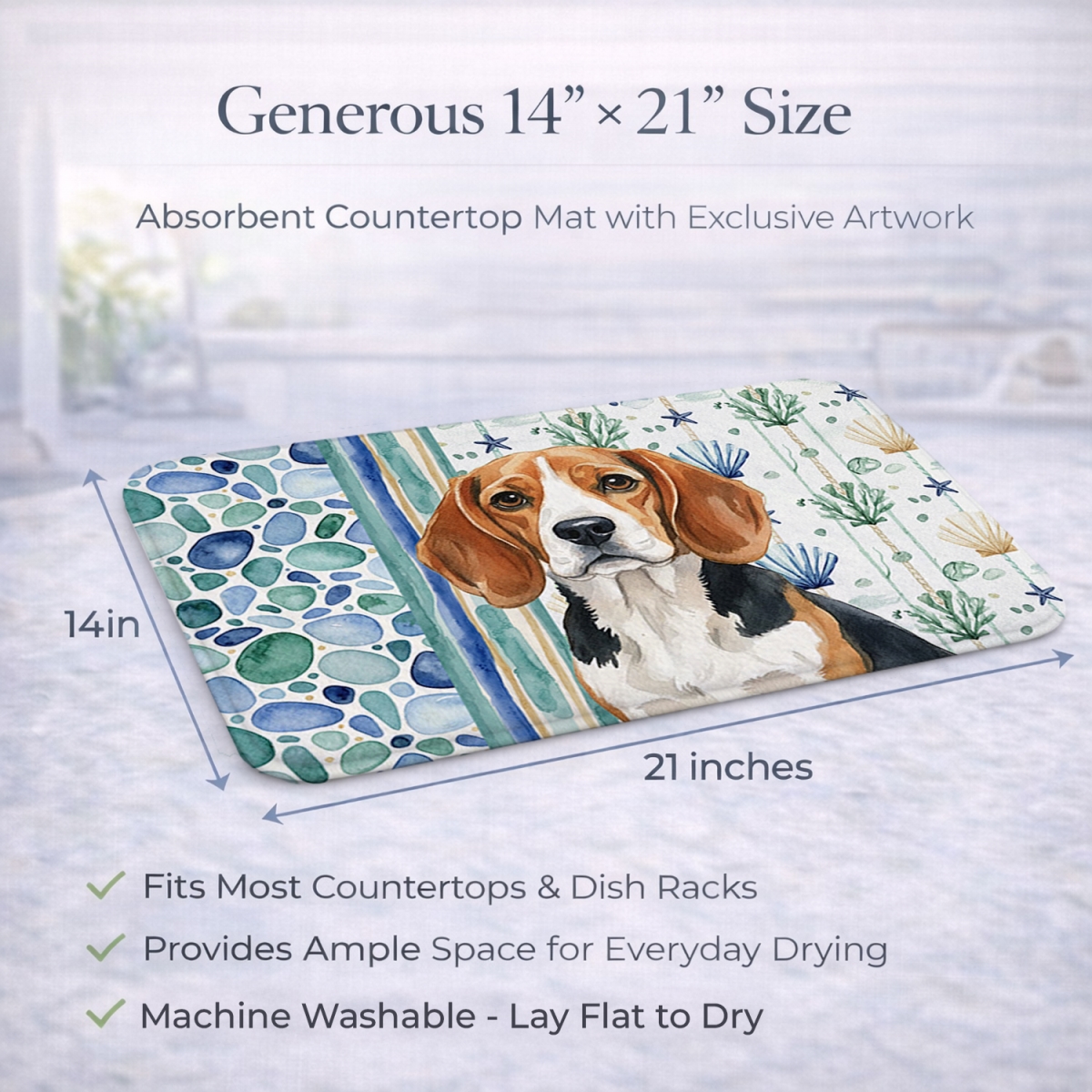 Picture of Carolines Treasures WDK6899DDM 21 x 14 in. Beagle Coastal Sea Glass Dish Drying Mat