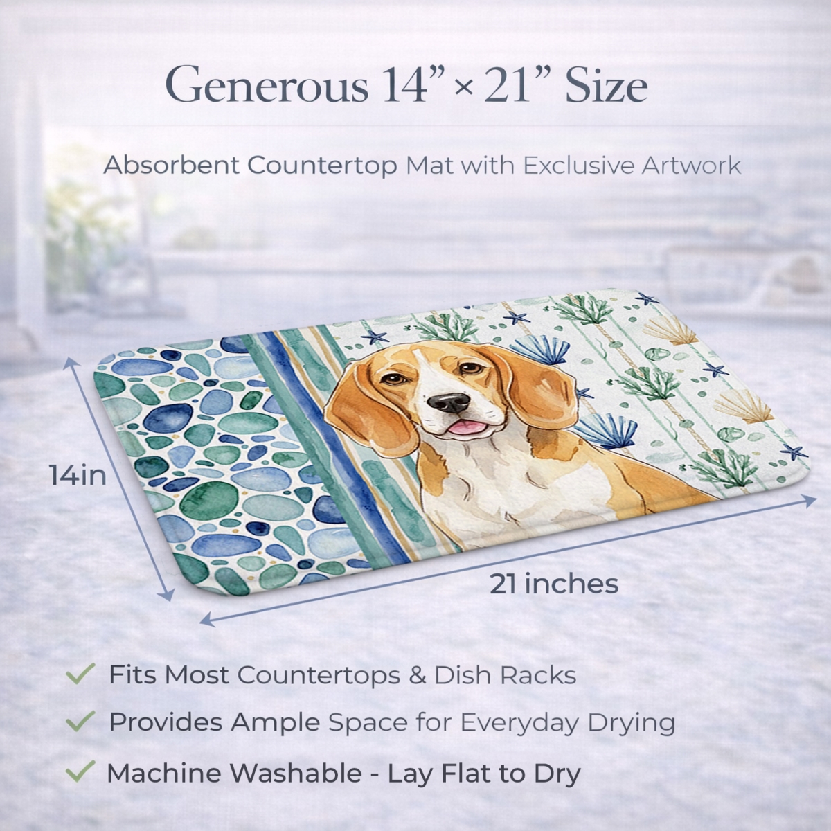 Picture of Carolines Treasures WDK6900DDM 21 x 14 in. Lemon & White Beagle Coastal Sea Glass Dish Drying Mat