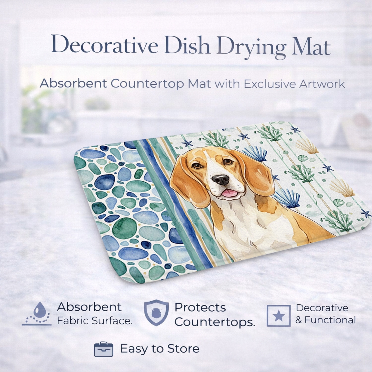 Picture of Carolines Treasures WDK6900DDM 21 x 14 in. Lemon & White Beagle Coastal Sea Glass Dish Drying Mat