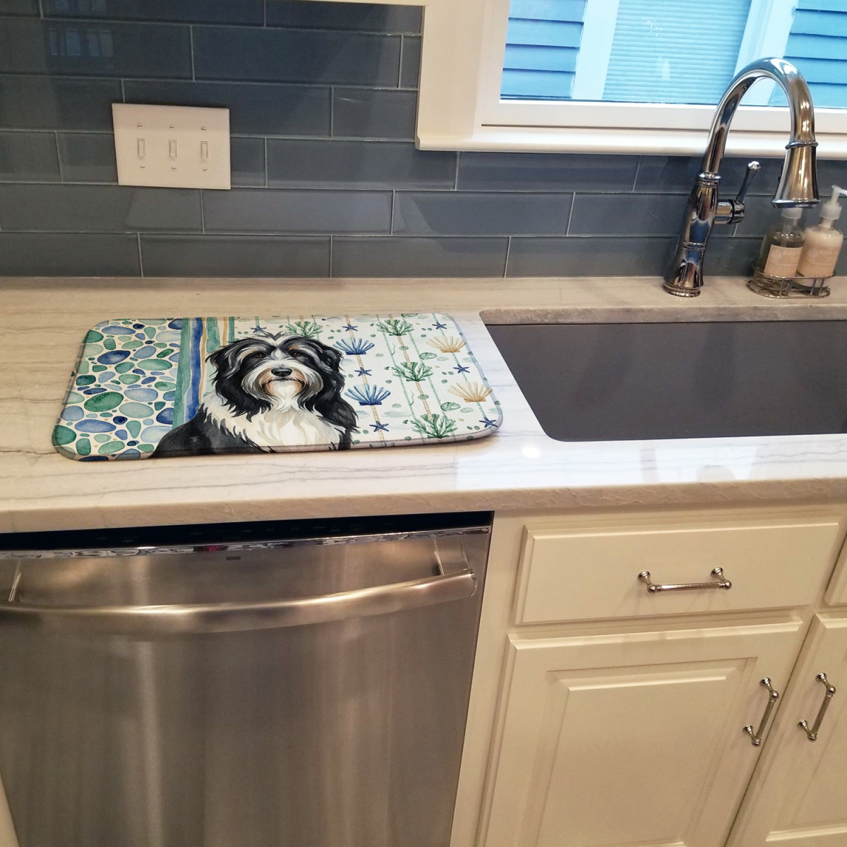 Picture of Carolines Treasures WDK6901DDM 21 x 14 in. Black Bearded Collie Coastal Sea Glass Dish Drying Mat