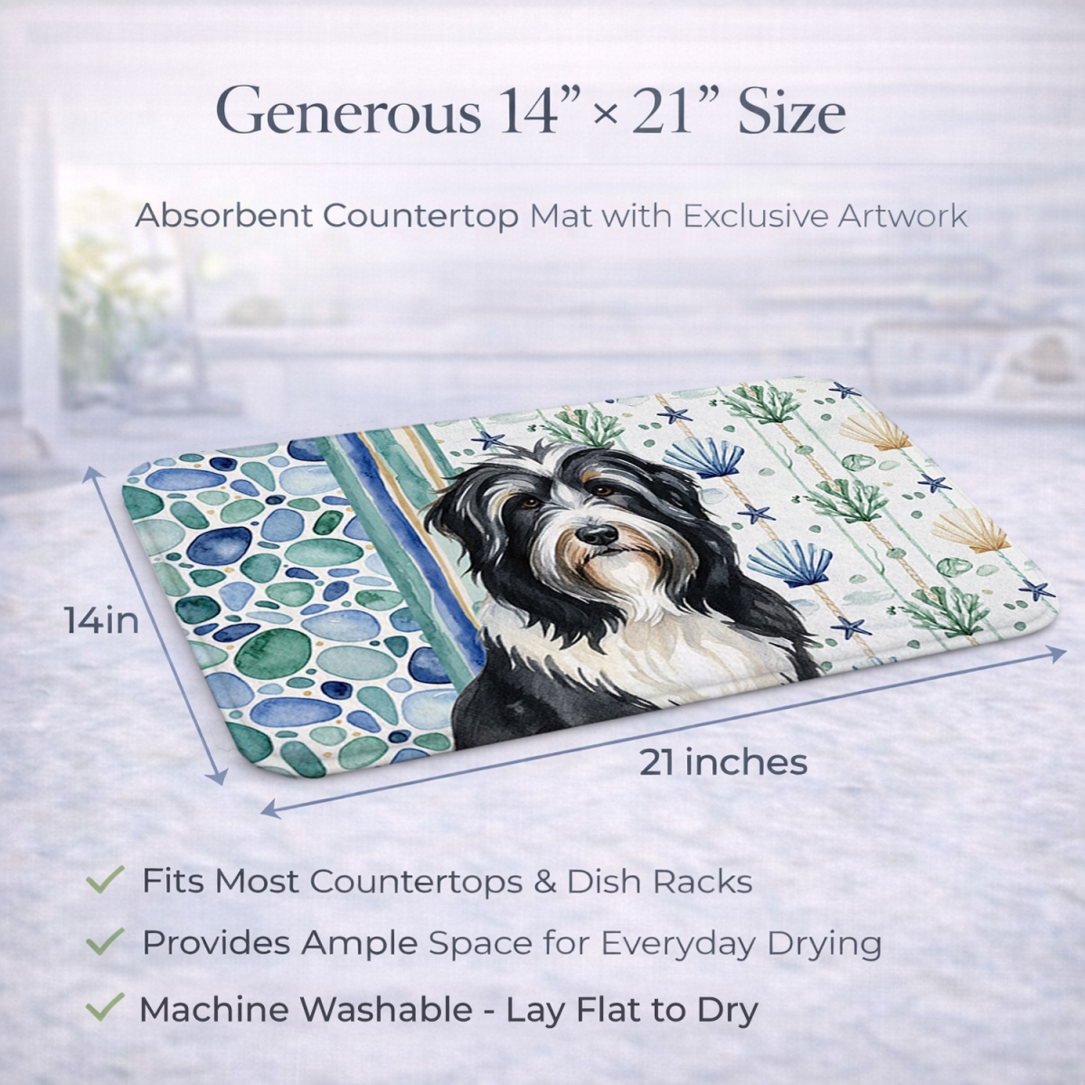 Picture of Carolines Treasures WDK6901DDM 21 x 14 in. Black Bearded Collie Coastal Sea Glass Dish Drying Mat